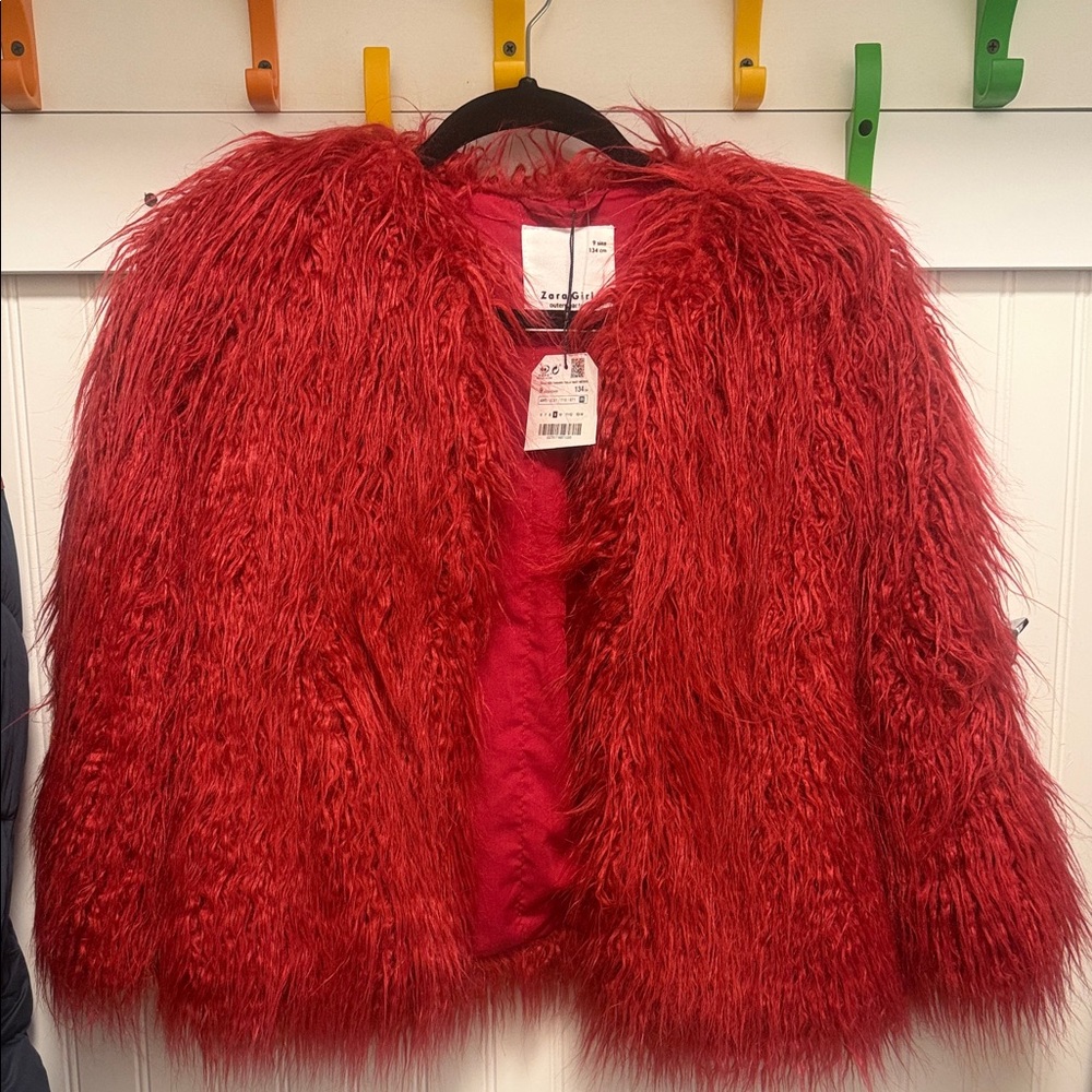 Zara Bold Red Faux Fur Jacket